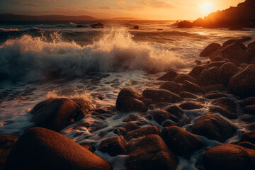 Coastal landscape at sunset, waves crashing on the rocks. Generative AI.