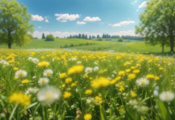 Obraz premium A serene backdrop of blurred spring and summer scenery verdant meadow dotted with dandelions under blue skies
