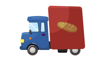 Bread car delivery, truck vehicle, food, fresh, cartoon, bakery, cargo grocery, loaf shipping. Baguette, product, natural organic meal. Isolated on white background. Vector illustration.