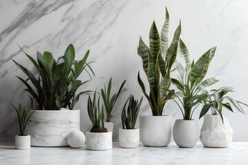 White marble backdrop with a lineup of potted snake plants, Monochrome flat lay, 