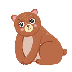 Cartoon bear, cute animal, happy character teddy, toy, baby, child, fun mammal, brown design, furry grizzly, small paw, cheerful, sitting. Isolated on white background. Vector illustration.