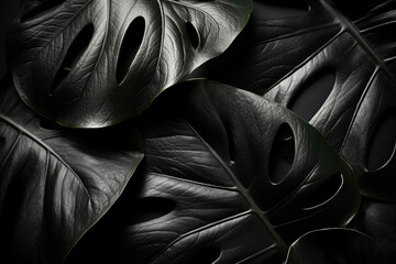 Black leather surface with monochrome philodendron leaves, Monochrome flat lay,  - obrazy, fototapety, plakaty