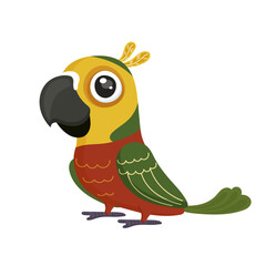 Cartoon baby parrot design. Cute animal art. Happy bird. Tropical pet. Exotic nature. Zoo friend. Adorable little wing. Colorful artwork. Isolated on white background. Vector illustration
