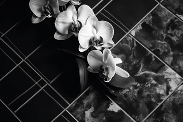 Monochrome ceramic tile with an orchid arrangement, Monochrome flat lay, 