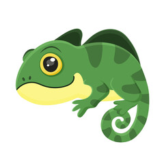 Wild chameleon, green lizard, cartoon animal, wild reptile, nature design, cute, fun, happy, jungle exotic pet, tropic camouflage, zoo. Isolated on white background. Vector illustration.