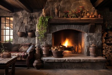 rustic stone fireplace with burning logs