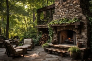 rustic outdoor stone fireplace with surrounding nature