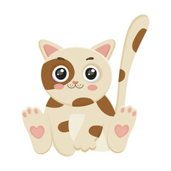 Tiny cat, sitting animal, domestic kitten, cartoon kitty, cute design, spotted, paw, tail, cheerful baby, greeting face, smiling pussycat. Isolated on white background. Vector illustration.