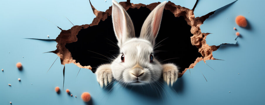 Bunny peeking out of a hole in blue wall, fluffy eared bunny easter bunny banner, rabbit jump out torn hole