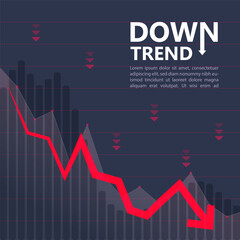 Red arrow downtrend graph and bar chart in digital and tech theme, illustrating market decline and data analysis with modern visual elements.