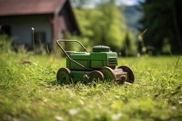 Fototapeta premium manual push lawn mower on a small lawn patch