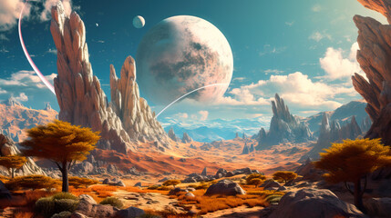 Obraz na płótnie Canvas Retro futuristic Sci-fi wallpaper. Alien planet landscape. Breathtaking panorama of a desert planet with strange rock formations against background of beautiful sky with clouds.
