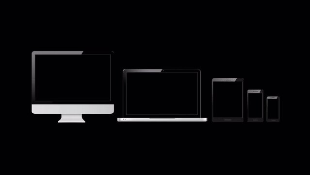 animation of Modern Computer Desktop and Laptop and Mobile Cell Phone, with copy space. Template for placing a logo and other information on gadget screens, alpha mask.