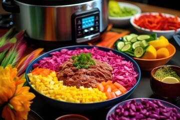 colorful meal prepared using pressure cooker