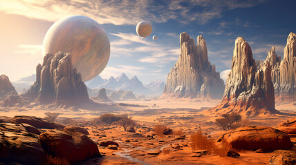 Retro futuristic Sci-fi wallpaper. Alien planet landscape. Breathtaking panorama of a desert planet with strange rock formations against background of beautiful sky with clouds. - obrazy, fototapety, plakaty