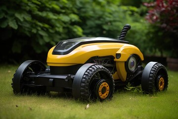 Obraz na płótnie Canvas robotic lawn mower avoiding obstacles in the yard