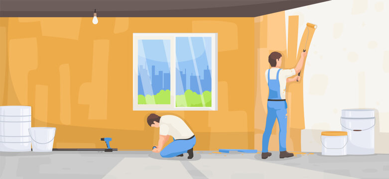 Handyman renovate house, worker paint wall using roller, indoor interior renovation, apartment improvement, decorating equipment, cartoon professional craftsman. Vector illustration.
