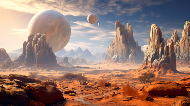 Retro futuristic Sci-fi wallpaper. Alien planet landscape. Breathtaking panorama of a desert planet with strange rock formations against background of beautiful sky with clouds. © Valeriy