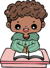 Focused on studying Student black boy vibrant cartoon Doodle. Back to School kid.