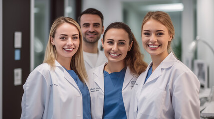 Team of professional dentists smiles in front of the clinic. Created with Generative AI technology.