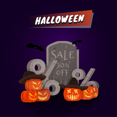 PrintHalloween 30 % discount offer. Bright purple and orange illustration. A few Jack O’Lanterns  on the background of a gravestone with bats flying nearby and the inscription HALLOWEEN