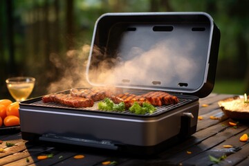 smoke rising from smart grill with lid open
