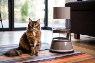 smart pet feeder placed on a stylish carpet in a modern home