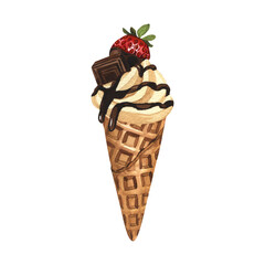 Watercolor dessert, soft ice cream waffle cone with strawberry in chocolate. Hand-drawn illustration isolated on white background. Perfect food menu, design packing, bakery shop, cooking, tea party.