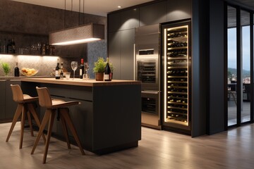 smart wine fridge in modern kitchen setting