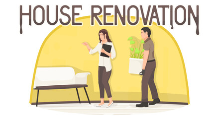 Home interior renovation, furniture relocation, plant moving, woman show place of destination, worker carries flower. Shipping, transportation service. Vector illustration.