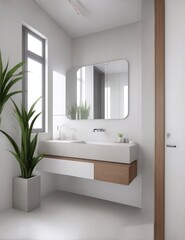 Modern minimalist bathroom interior with bathroom cabinet, white sink and wooden vanity. Interior plants. Image created using artificial intelligence.