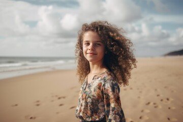 Girl curly hair smiling. Generate Ai