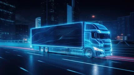 Fototapeten Futuristic truck with neon lights on night road.Created with Generative AI technology. © MP Studio