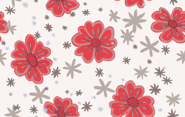 Patrón vectorizado de flores rojas y estrellas sobre fondo grisaceo, patrón para fondos de diseño o estampados, vector en tonos navideños