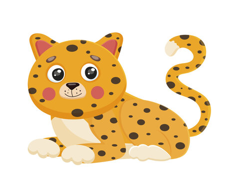 Smiling, funny jaguar animal, sitting leopard, cartoon wild predator, wild feline cat, baby, happy. African safari. Powerful cheetah. Isolated on white background. Vector illustration.