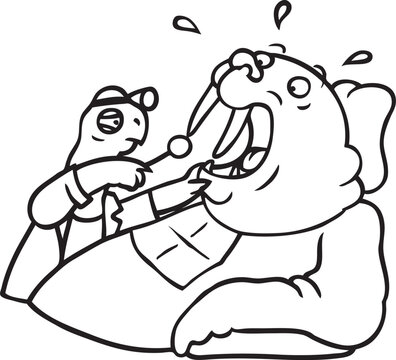 Cartoon: Schildkr&ouml;te als Zahnarzt untersucht die Z&auml;hne von einem Walross auf Karies, Hygiene und Zahnstein