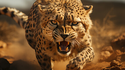 Fototapeta na wymiar a cheetah running across a desert landscape
