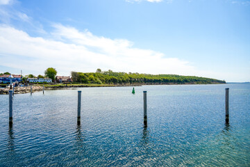 View of the harbor on the island of Poel. Landscape at the Baltic Sea with the surrounding nature.
