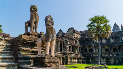 Ancient ruins Angkor Wat temple - famous Cambodian landmark. Siem Reap, Cambodia.