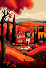 Autumn view of an agricultural, romantic landscape of Italian Tuscany. Generative AI.
