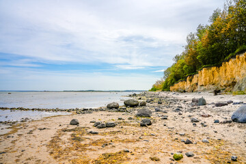 View of the steep coast at Gollwitzer Strand. Natural beach near Gollwitz in the nature reserve on the island of Poel. Landscape at the Baltic Sea.
