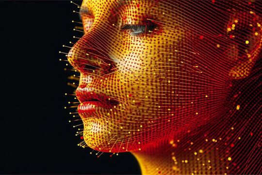 Intersection of human face and artificial intelligence, where technology meets the intricacies of facial expressions and emotions, blurring the line between human and machine. Ai generated