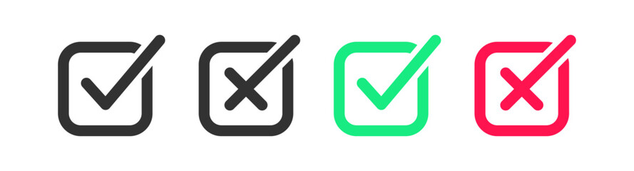 Checkmark icon. Tick correct, wrong signs. Cancel symbol. Right symbols. Yes, no icons. Black, red, and green color. Vector isolated sign. - obrazy, fototapety, plakaty