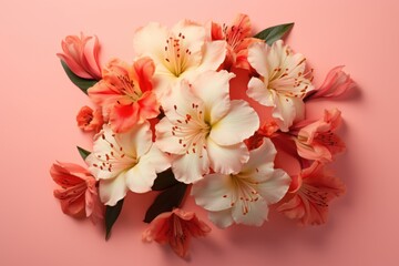 Flat lay rhododendrons on pastel background