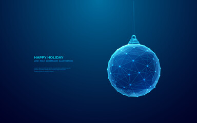 Abstract Christmas tree decoration in a technological futuristic style on a gradient monochrome background. Low poly wireframe noel bauble for card and poster design. Xmas ball toy with connected dots