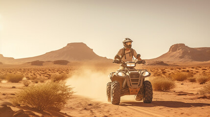 man riding quad bike rides through desert made with generative AI