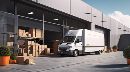 Outside of Logistics Warehouse, Delivery Van Loaded with Cardboard Boxes. Created with Generative AI technology.