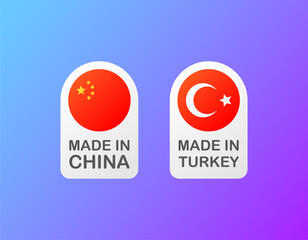 Made in CHINA, Made in TURKEY. Flat, red, made in icons. Vector illustration