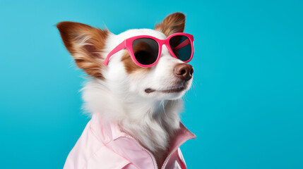 A stylish dog rocking sunglasses and a pink shirt