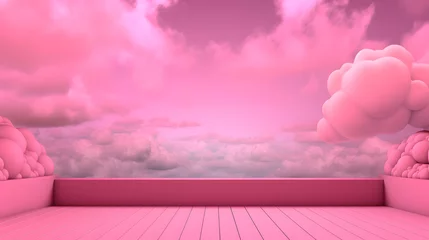 Muurstickers 3d render of abstract mountain landscape with pink and white color background © Yuki Liu